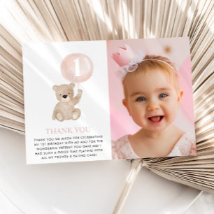 Beary 1st Birthday Bear Pink Balloon Photo Flat Thank You Card