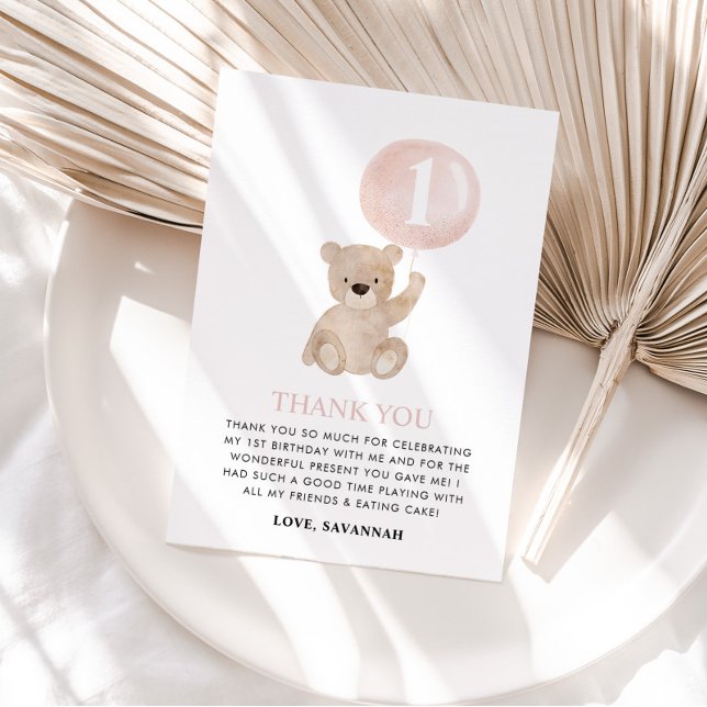Beary 1st Birthday Bear Pink Balloon Thank You Card (MATCHING 1ST BIRTHDAY ITEMS AVAILABLE)