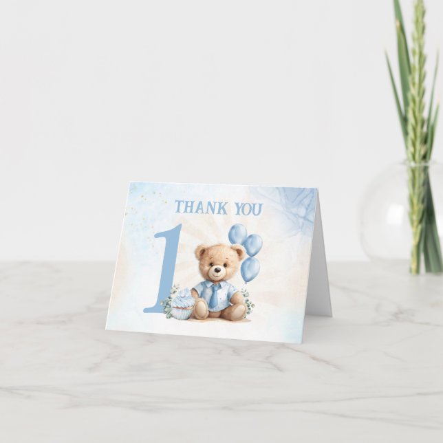 Beary 1st Birthday Blue Number Balloons Teddy Bear Thank You Card (Front)
