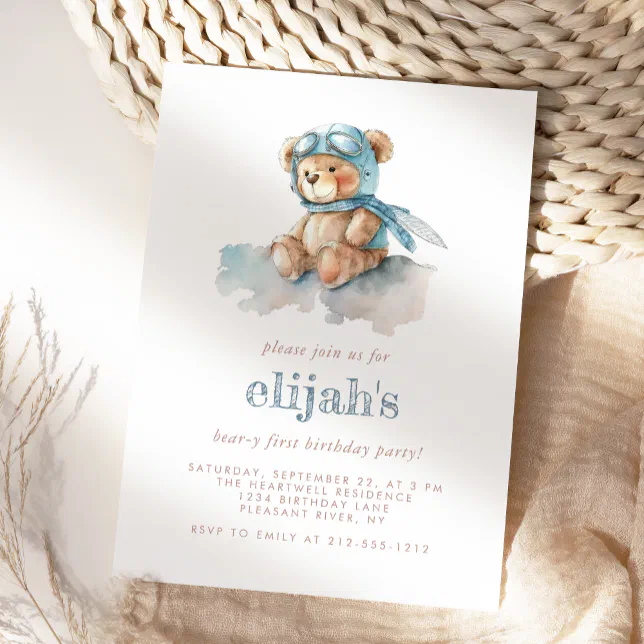 Beary 1st Birthday Blue Watercolor Teddy Bear Invitation | Zazzle