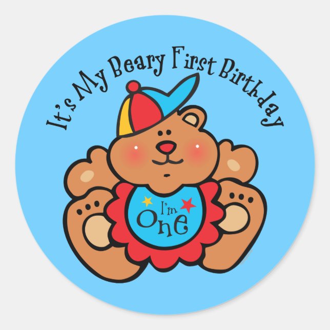 Beary 1st Birthday Boy Classic Round Sticker (Front)