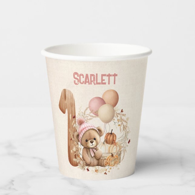 Beary 1st Birthday Cute Baby Bear Pink Paper Cups (Front)