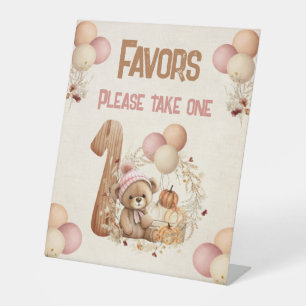 Beary 1st Birthday Girl Fall Pumpkins Teddy Bear Pedestal Sign