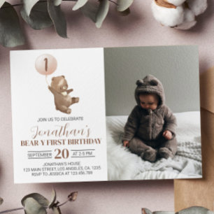 Beary 1st Birthday Invitation Teddy Bear Balloon