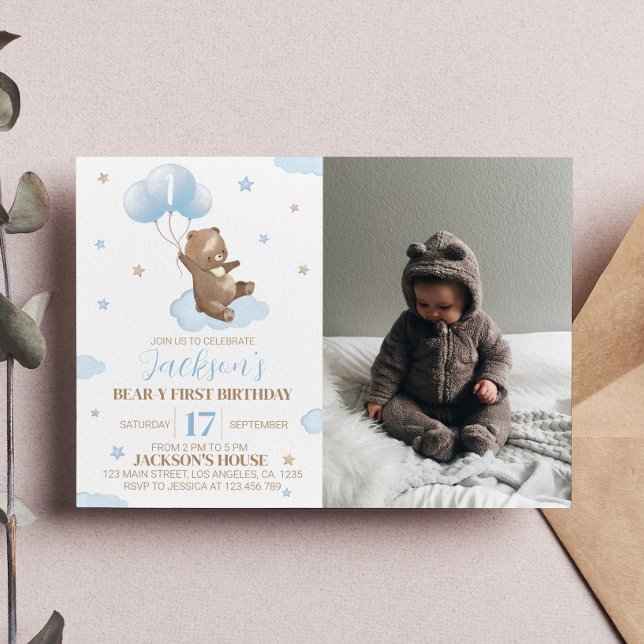 Beary 1st Birthday Invitation Teddy Bear Balloon (Creator Uploaded)
