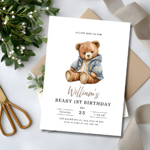 Beary 1st Birthday Teddy Bear Boy Birthday Party Invitation