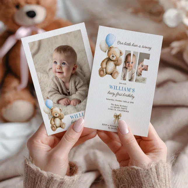 Beary 1st Birthday Teddy Bear Photo Blue Balloon Invitation | Zazzle