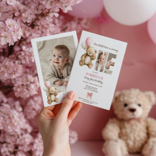 Beary 1st Birthday Teddy Bear Photo Pink Balloon Invitation