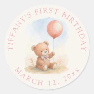 Beary 1st Girl Birthday Cute Teddy Bear Balloon Classic Round Sticker
