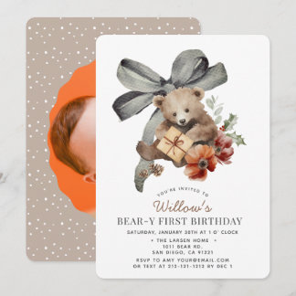 Beary 1st Grey Bow 1st Birthday Photo Invitation