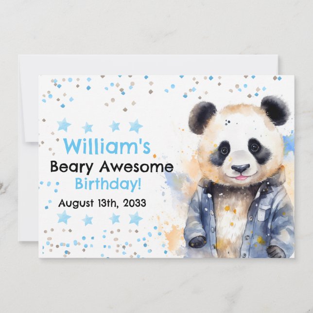 Beary Awesome Boys Watercolor Panda Birthday Invitation (Front)