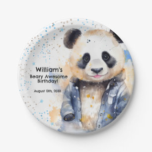 Beary Awesome Boys Watercolor Panda Birthday Paper Plate