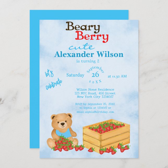 Beary Berry Cute Blue Cub's Strawberries Birthday Invitation (Front/Back)
