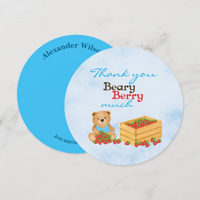 Beary Berry Cute Blue Strawberry Cub Birthday Thank You Card (Front/Back)