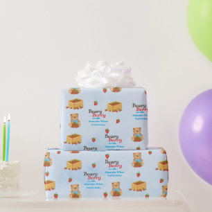 Beary Berry Cute Blue Strawberry Cub Boy Wrapping Paper
