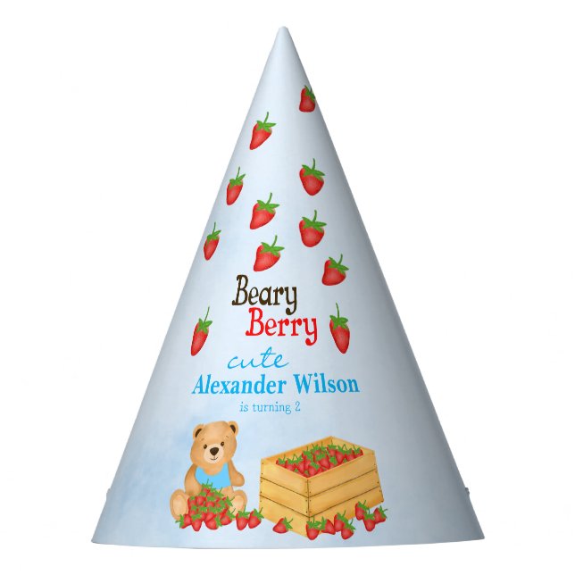 Beary Berry Cute Cub Strawberries Birthday Party Hat (Front)