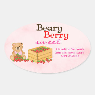 Beary Berry Sweet Pink Strawberry Birthday Party Oval Sticker