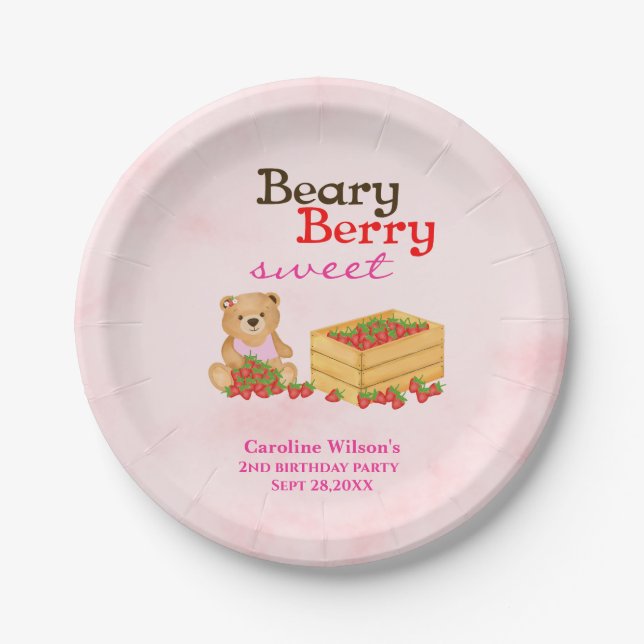 Beary Berry Sweet Strawberry Girl Birthday Party Paper Plate (Front)