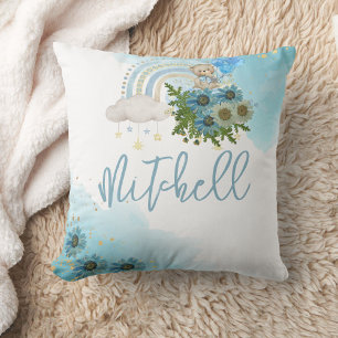 Beary Boho Rainbow Blue Balloon Personalise Cushion