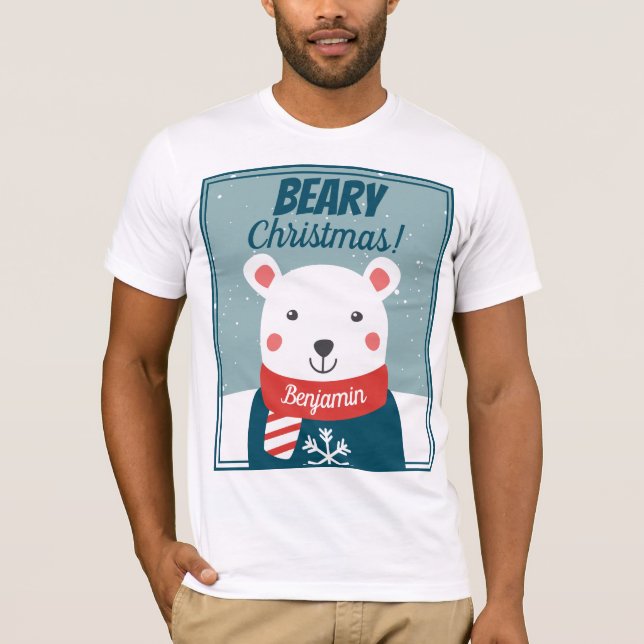 Beary Christmas cute cartoon polar bear with name T-Shirt (Front)