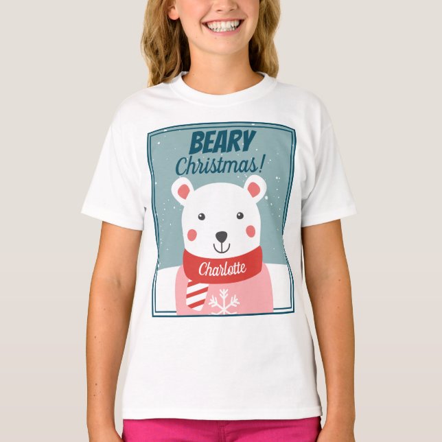 Beary Christmas cute cartoon polar bear with name T-Shirt (Front)