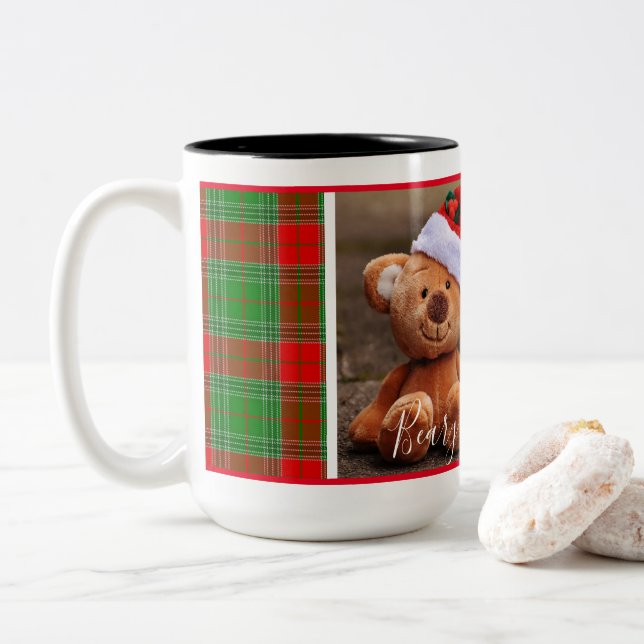 Beary Christmas (green & red plaid) Two-Tone Coffee Mug (With Donut)