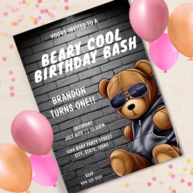 Beary Cool Hip Hop Teddy Bear First Birthday Party Invitation (Hip hop teddy bear first birthday party invitation with grey brick wall background)