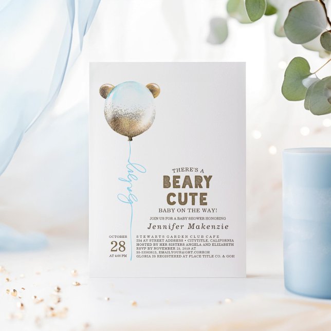 Beary Cute Blue Balloon Teddy Bear Baby Shower Invitation (Beary Cute Baby Shower Invitations featuring Gold and Blue Bear Balloon)