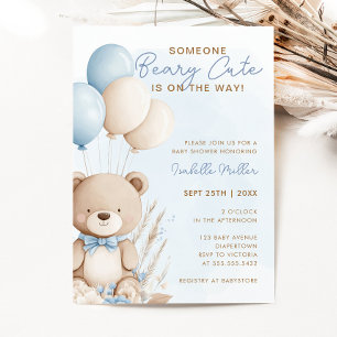 Beary Cute Blue Balloon Teddy Bear Boy Baby Shower Invitation