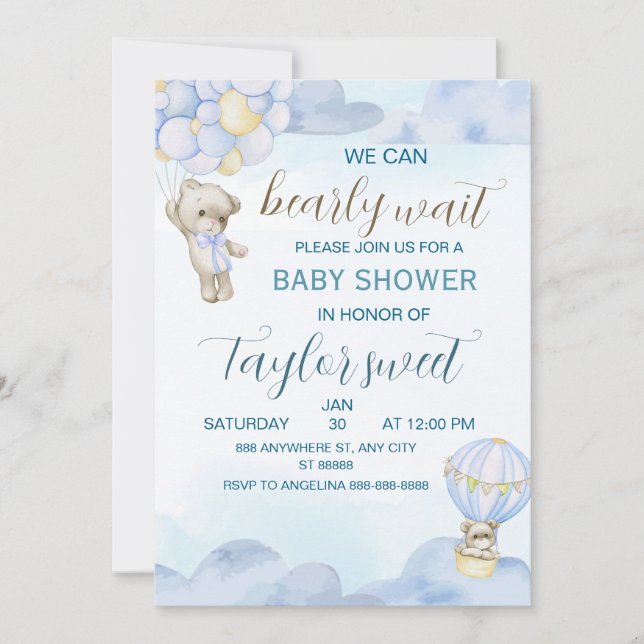 Beary Cute Blue Teddy Bear Baby Shower Invitation (Front)