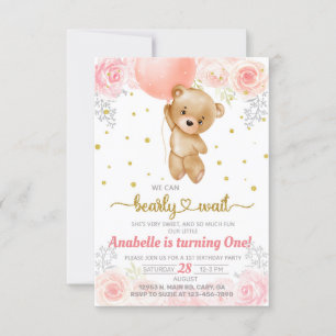 Beary cute girl first 1st birthday invitation. invitation