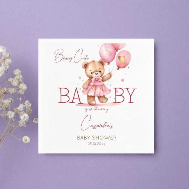 Beary cute girl teddy bear baby shower tableware napkin (Beary cute teddy bear girl baby shower tableware personalized template napkins cute teddy with dress)