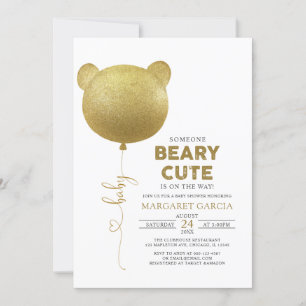 Beary Cute Gold Balloon Teddy Bear Baby Shower Invitation