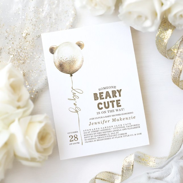 Beary Cute Gold Balloon Teddy Bear Baby Shower Invitation (Bear Baby Shower Invitation)