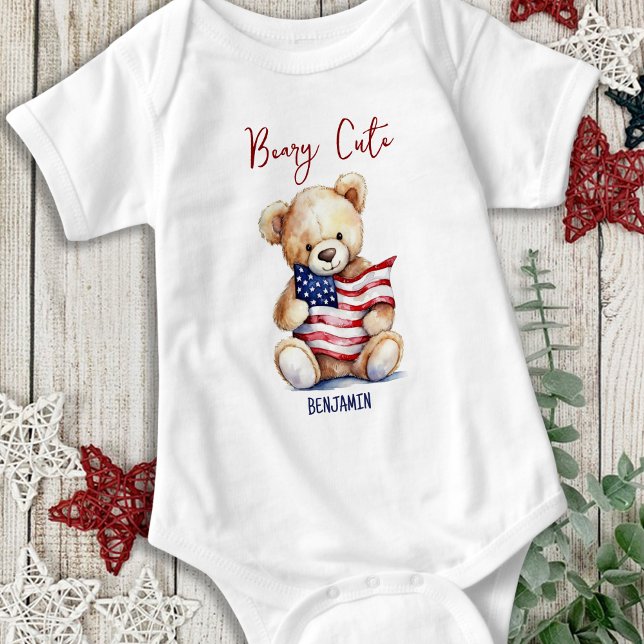 Beary Cute Patriotic Teddy Bear 4th of July  Baby Bodysuit (Creator Uploaded)
