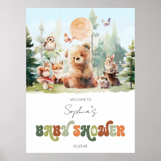 Beary Cute Woodland Baby Shower Welcome Poster (Front)