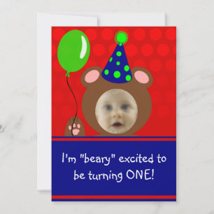 Beary Excited Bear Face Photo Birthday Party Invitation