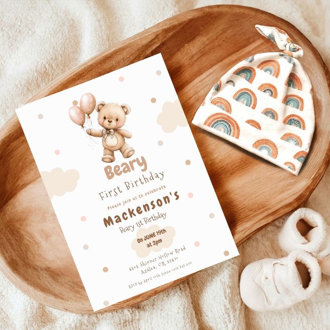 Beary First Balloon Boy 1st Birthday Teddy Bear Invitation (Creator Uploaded)
