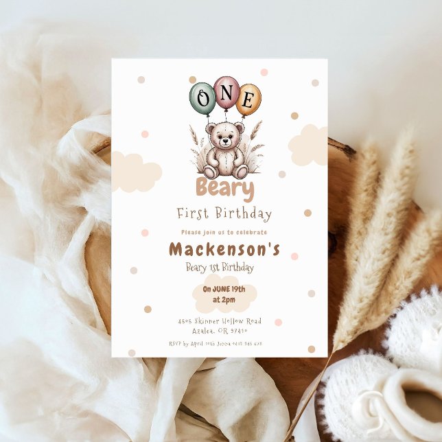 Beary First Balloon Boy 1st Birthday Teddy Bear Invitation (Creator Uploaded)