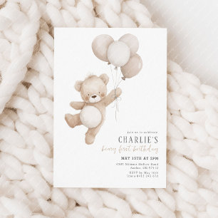 Beary First Beige Neutral Balloon 1st Birthday Invitation