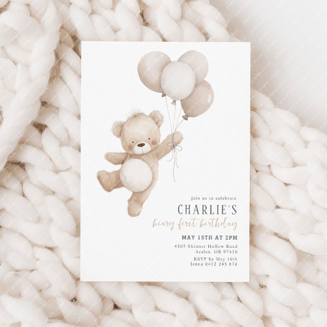 Beary First Beige Neutral Balloon 1st Birthday Invitation (Beary First Birthday! Gender Neutral 1st birthday invitation with beige balloons & cute teddy bear)