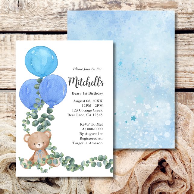 Beary First Birthday Blue Balloon Invitation (Creator Uploaded)