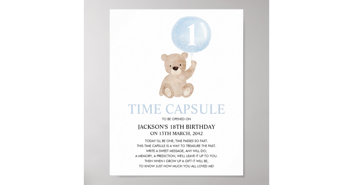 Beary First Birthday Blue Bear Time Capsule Poster | Zazzle