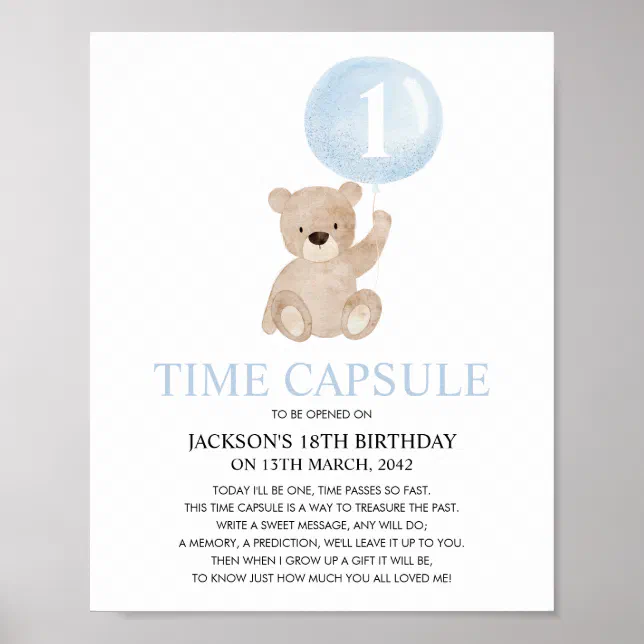 Beary First Birthday Blue Bear Time Capsule Poster | Zazzle