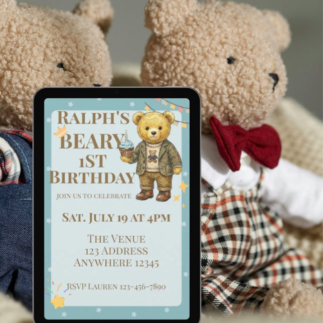 Beary First Birthday Blue Brown Dapper Bear Invitation (Creator Uploaded)