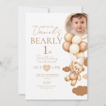 Beary First Birthday Boy Photo Bear Bow Balloon