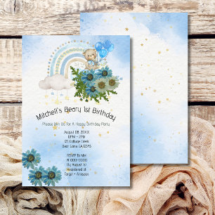 Beary First Birthday Boy Rainbow Boho Bear Invitation