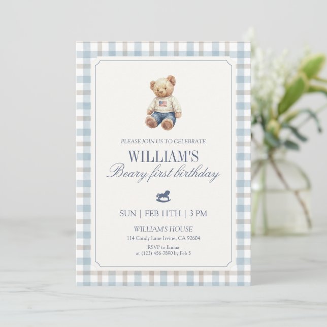 Beary First Birthday Boy Teddy Bear Gingham Invitation (Standing Front)