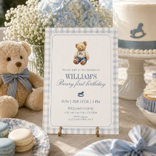 Beary First Birthday Boy Teddy Bear Gingham Invitation