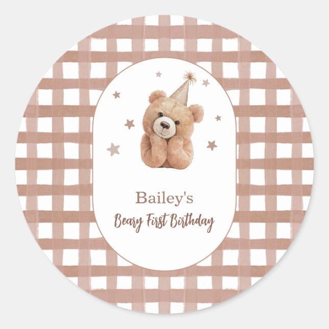 Beary First Birthday Gingham Classic Round Sticker (Front)